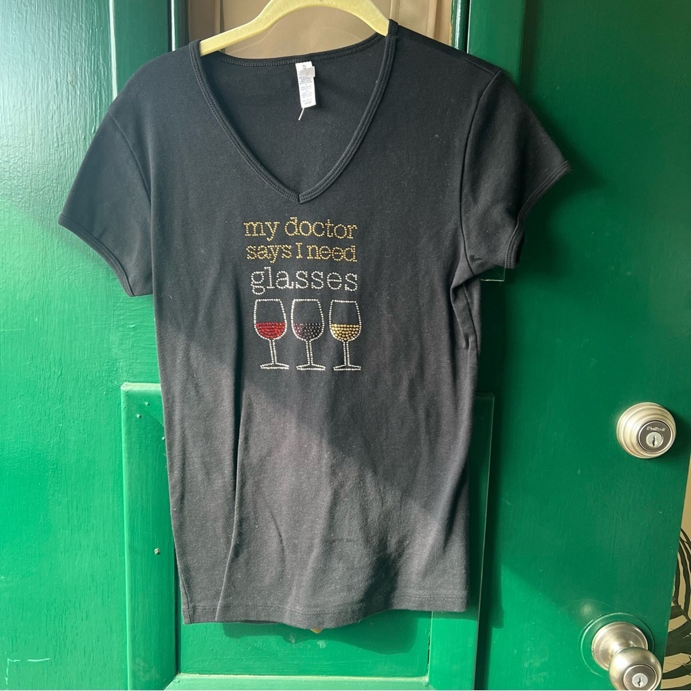 Black V-Neck Short Sleeve Tee with Wine Glass Graphic